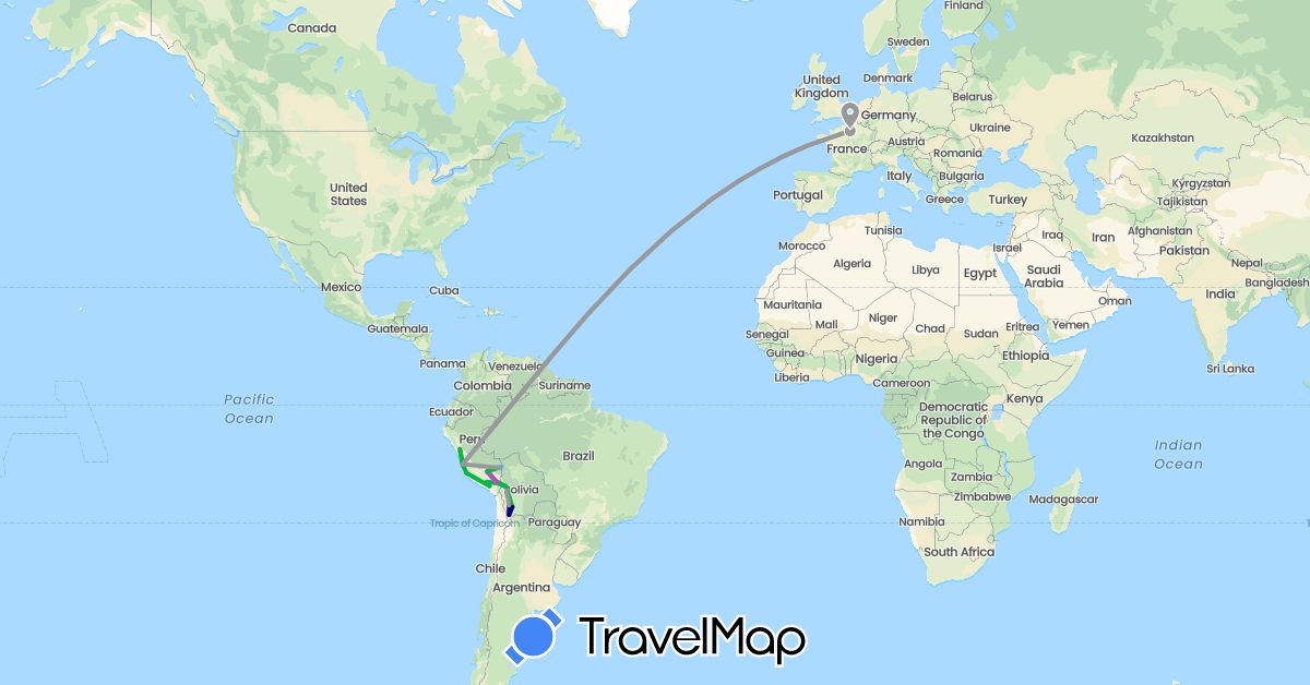 TravelMap itinerary: driving, bus, plane, train, hiking, boat in Bolivia, France, Peru (Europe, South America)